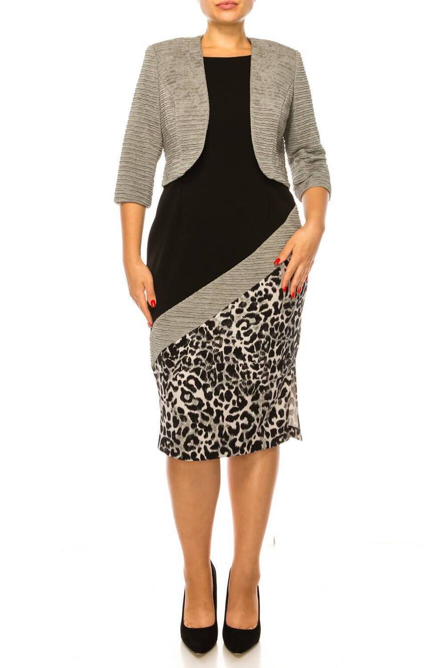NEW MAYA BROOKE asymmetrical animal print jacket dress in stone black